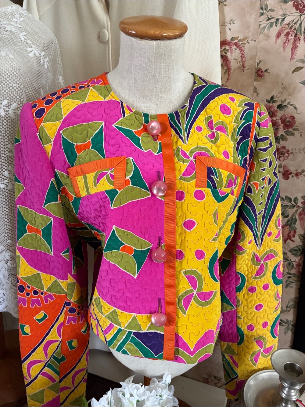 Colorful Patchwork Quilted Silk Jacket - Pink & Yellow
